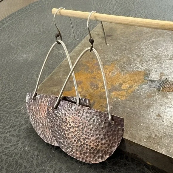 Sterling And Hammered Copper Hook Earrings Half Crescent Moon Handcrafted - Picture 5 of 6